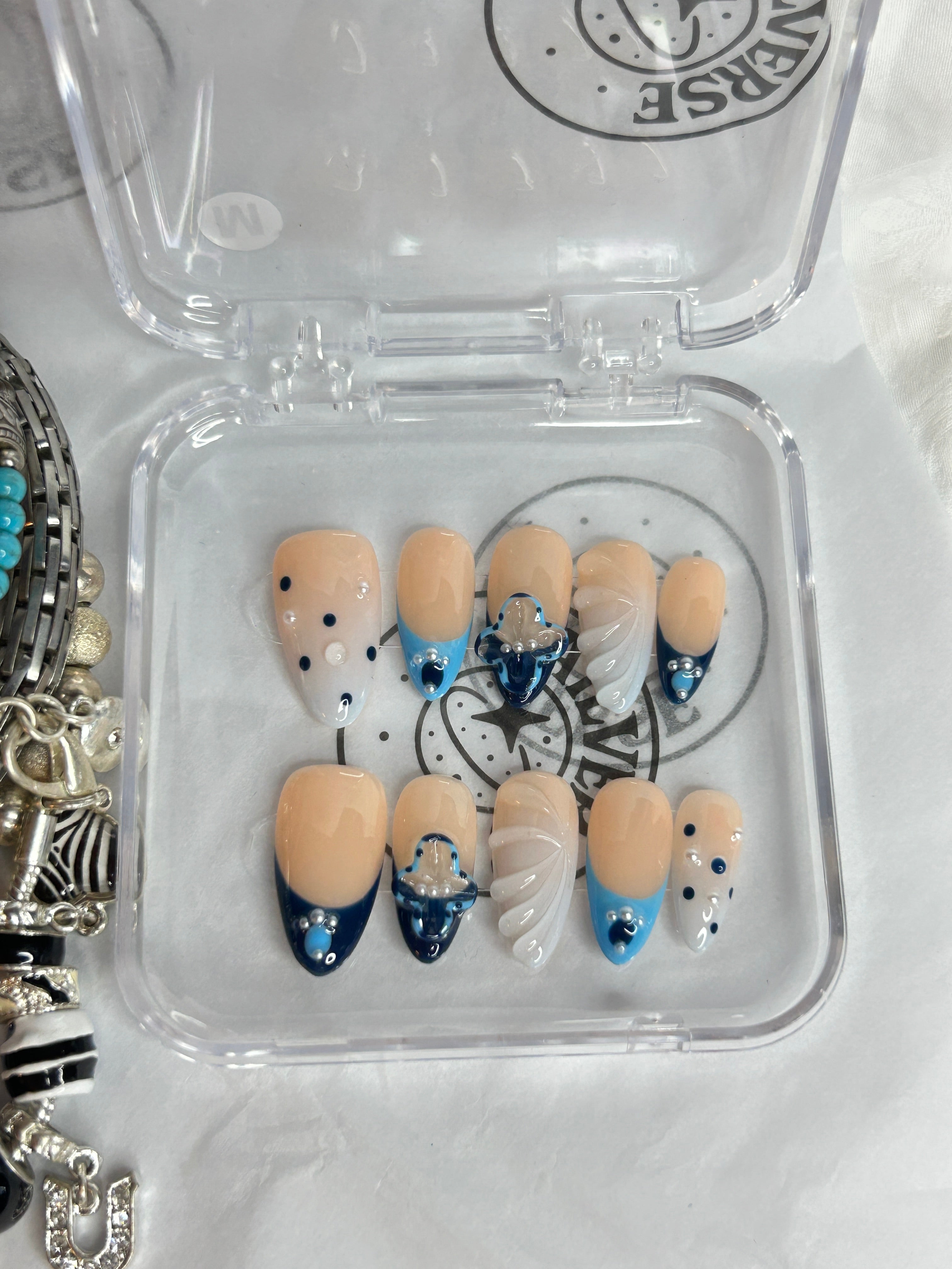 Azure Pearl Wave – Handmade Blue Nude Press-On Nails