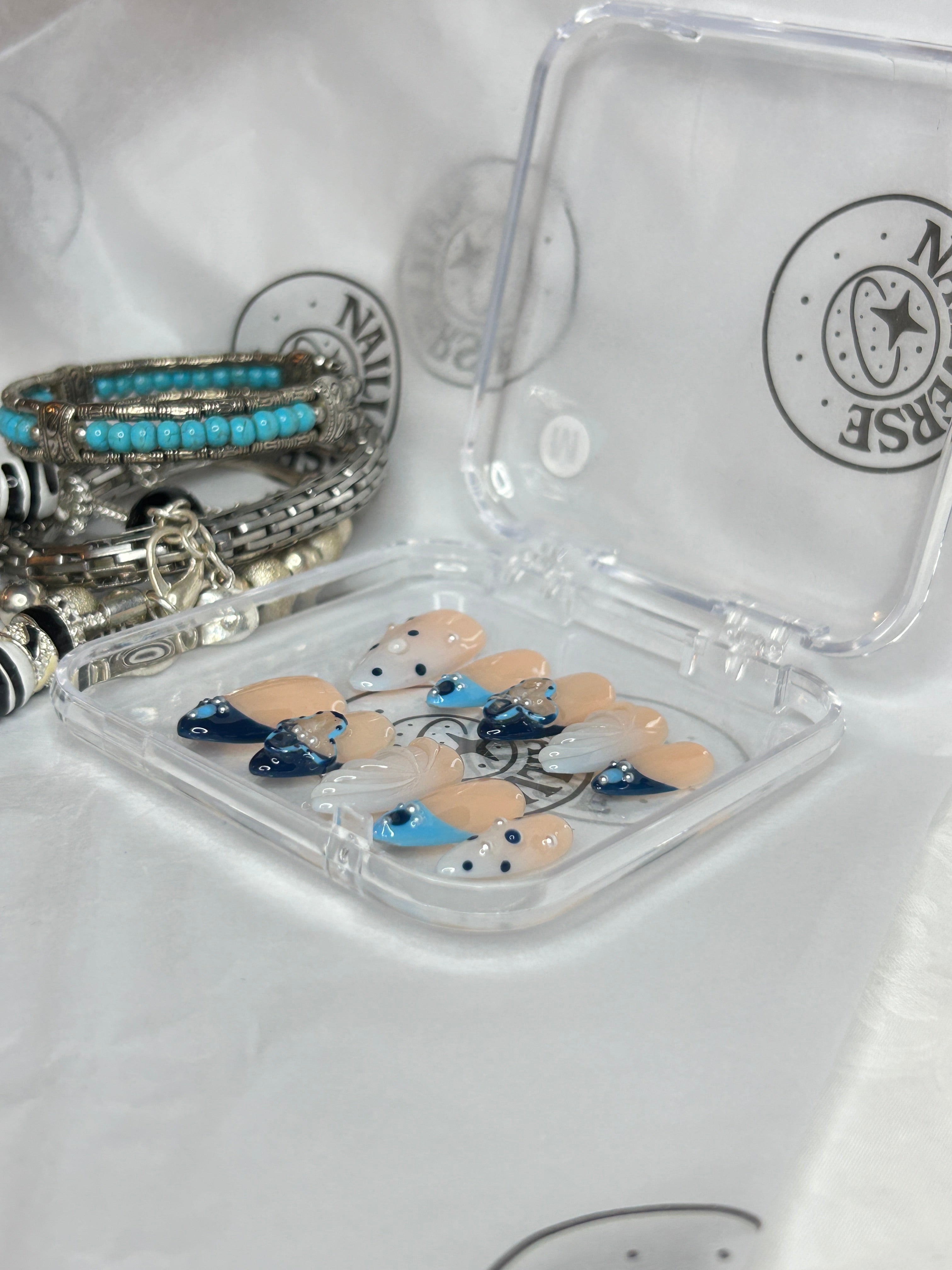 Azure Pearl Wave – Handmade Blue Nude Press-On Nails