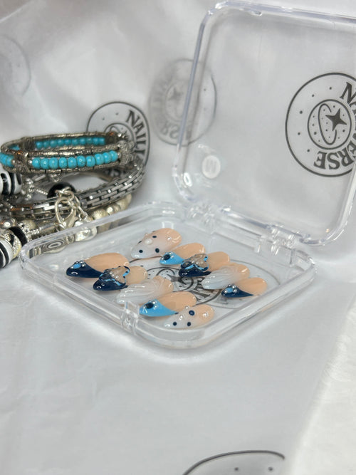 Azure Pearl Wave – Handmade Blue Nude Press-On Nails
