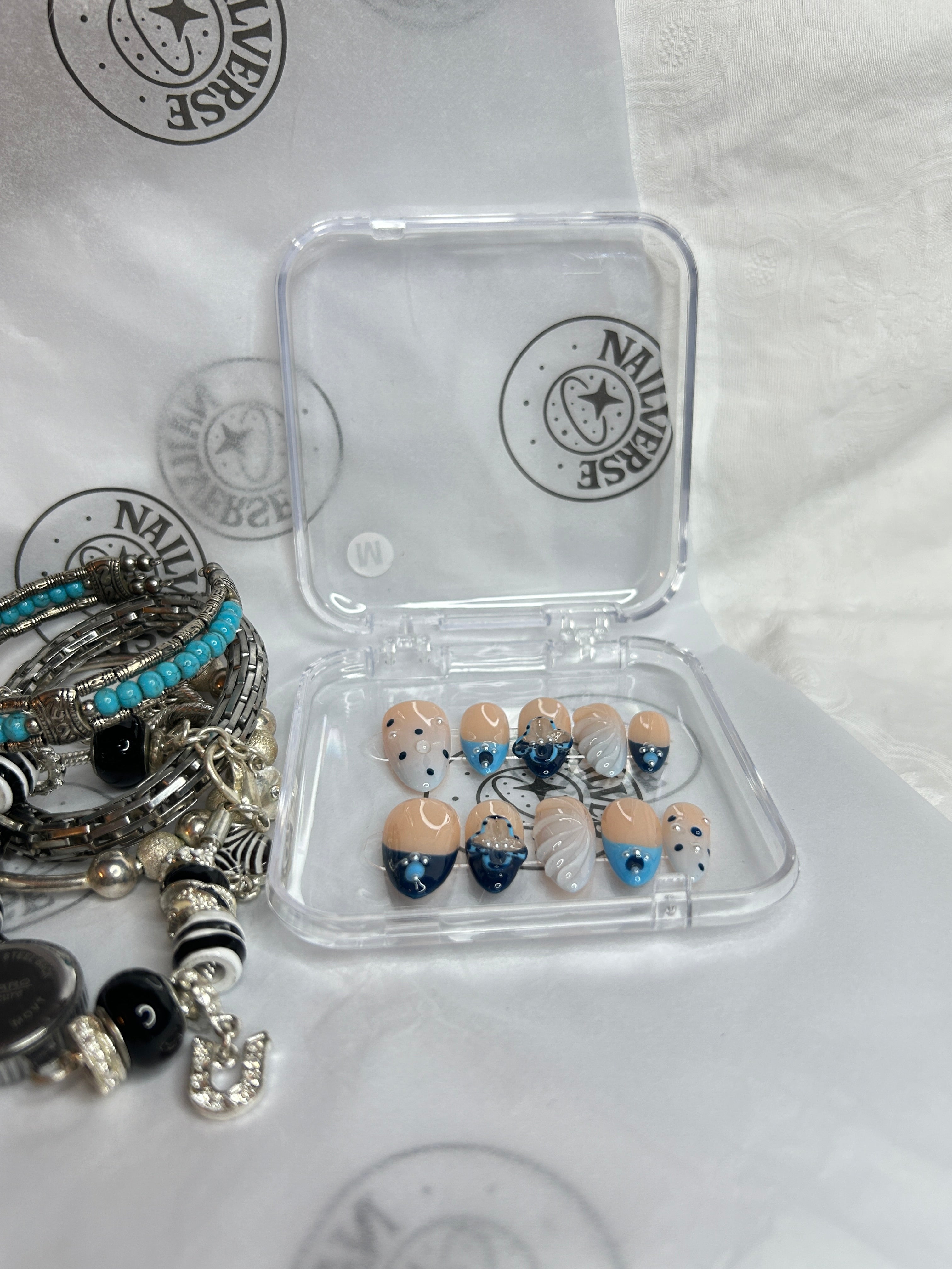 Azure Pearl Wave – Handmade Blue Nude Press-On Nails