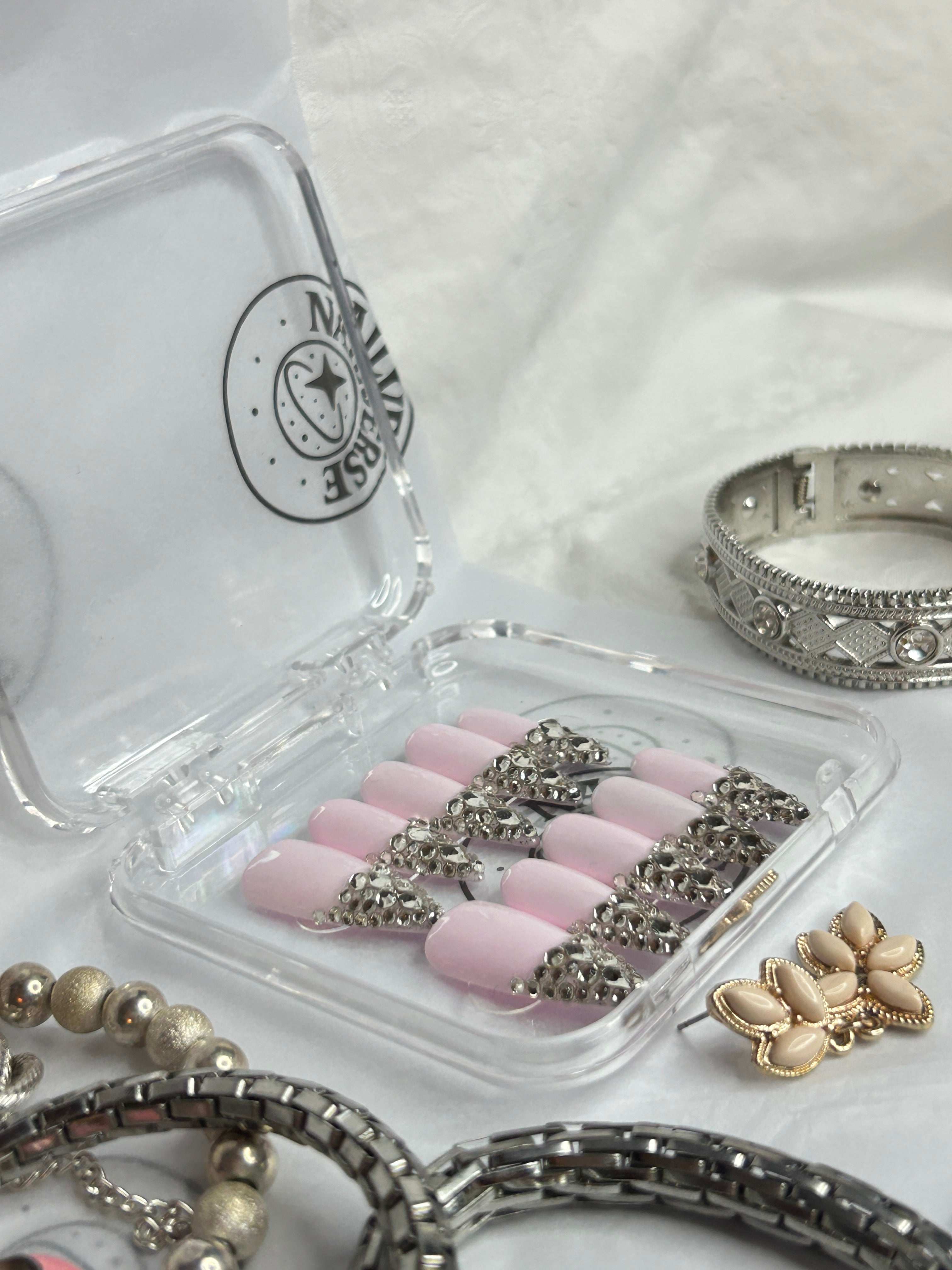 Blush Crystal Elegance – Handmade Luxury Press-On Nails