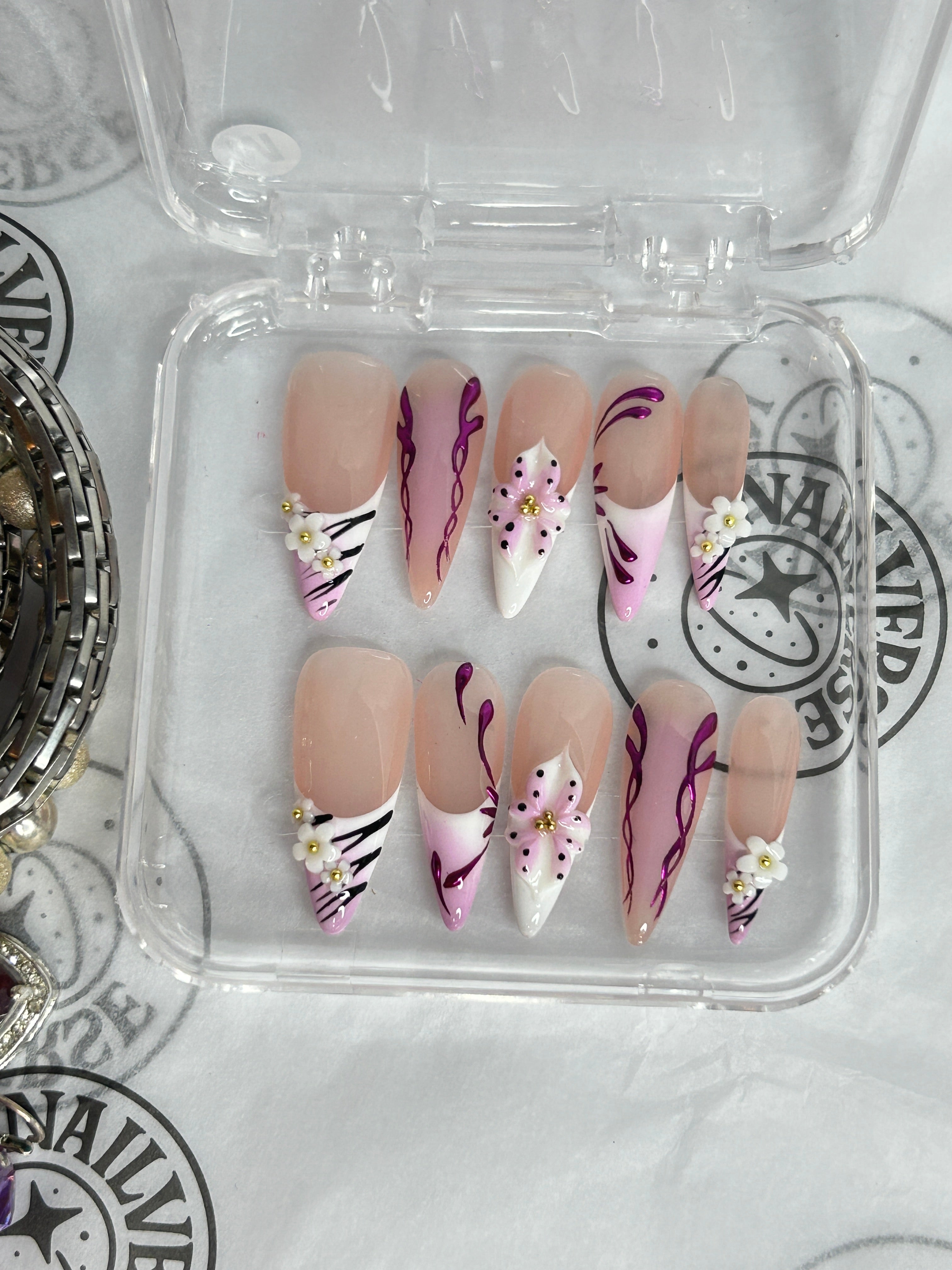 Blush Petal Elegance – Handmade Floral Press-On Nails
