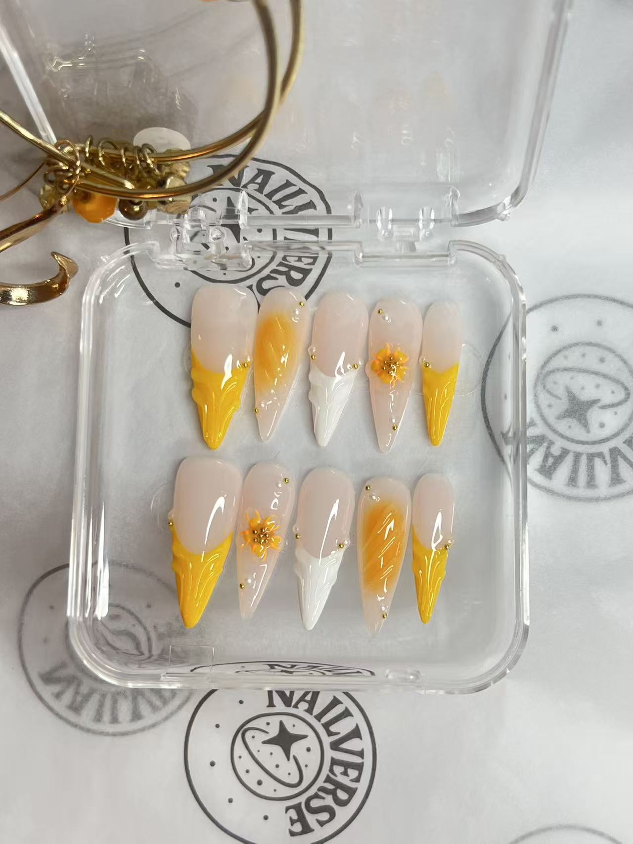 Golden Sunflower French Press-On Nails | Nude & Yellow 3D Floral Almond Nails