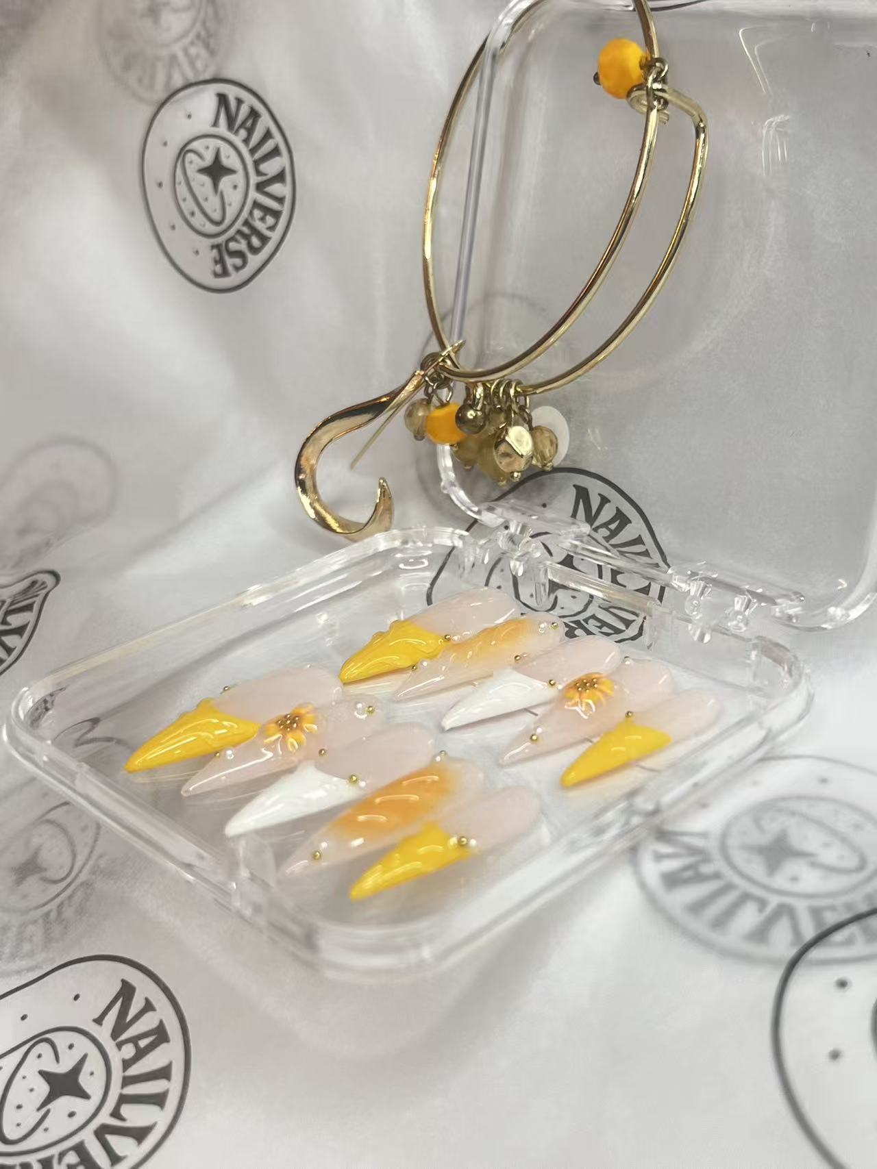 Golden Sunflower French Press-On Nails | Nude & Yellow 3D Floral Almond Nails