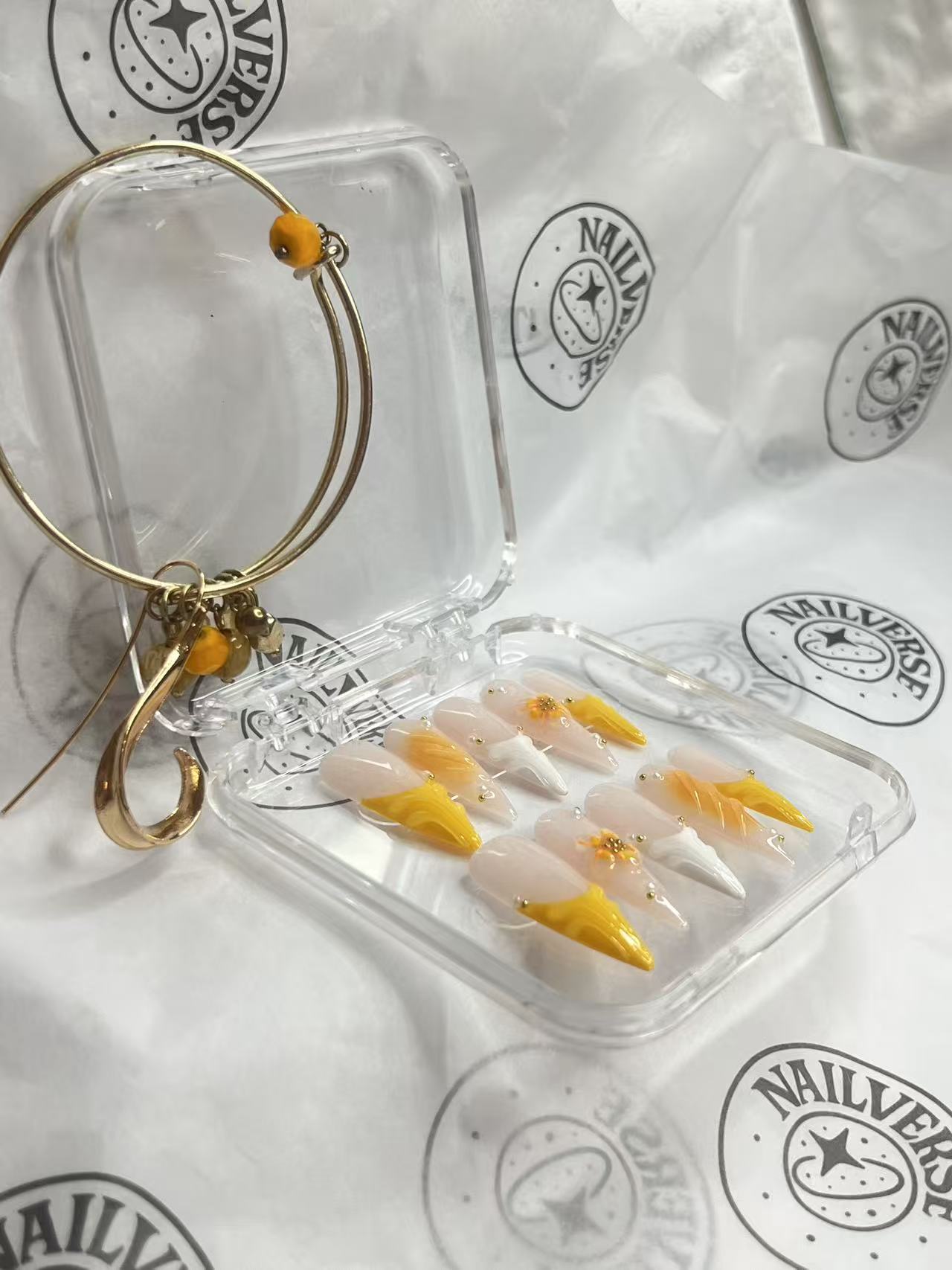 Golden Sunflower French Press-On Nails | Nude & Yellow 3D Floral Almond Nails