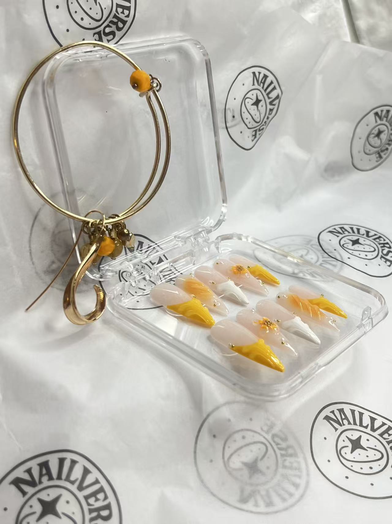 Golden Sunflower French Press-On Nails | Nude & Yellow 3D Floral Almond Nails