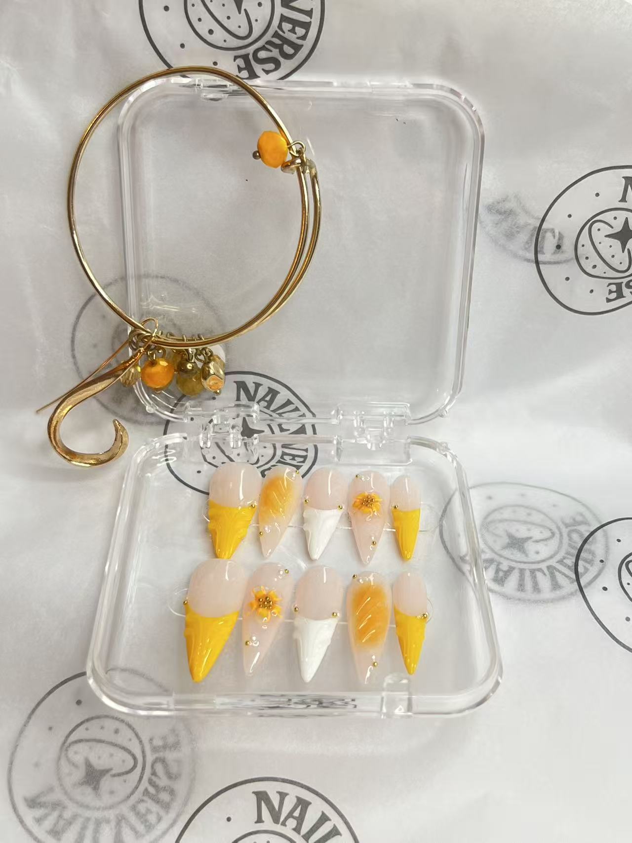 Golden Sunflower French Press-On Nails | Nude & Yellow 3D Floral Almond Nails