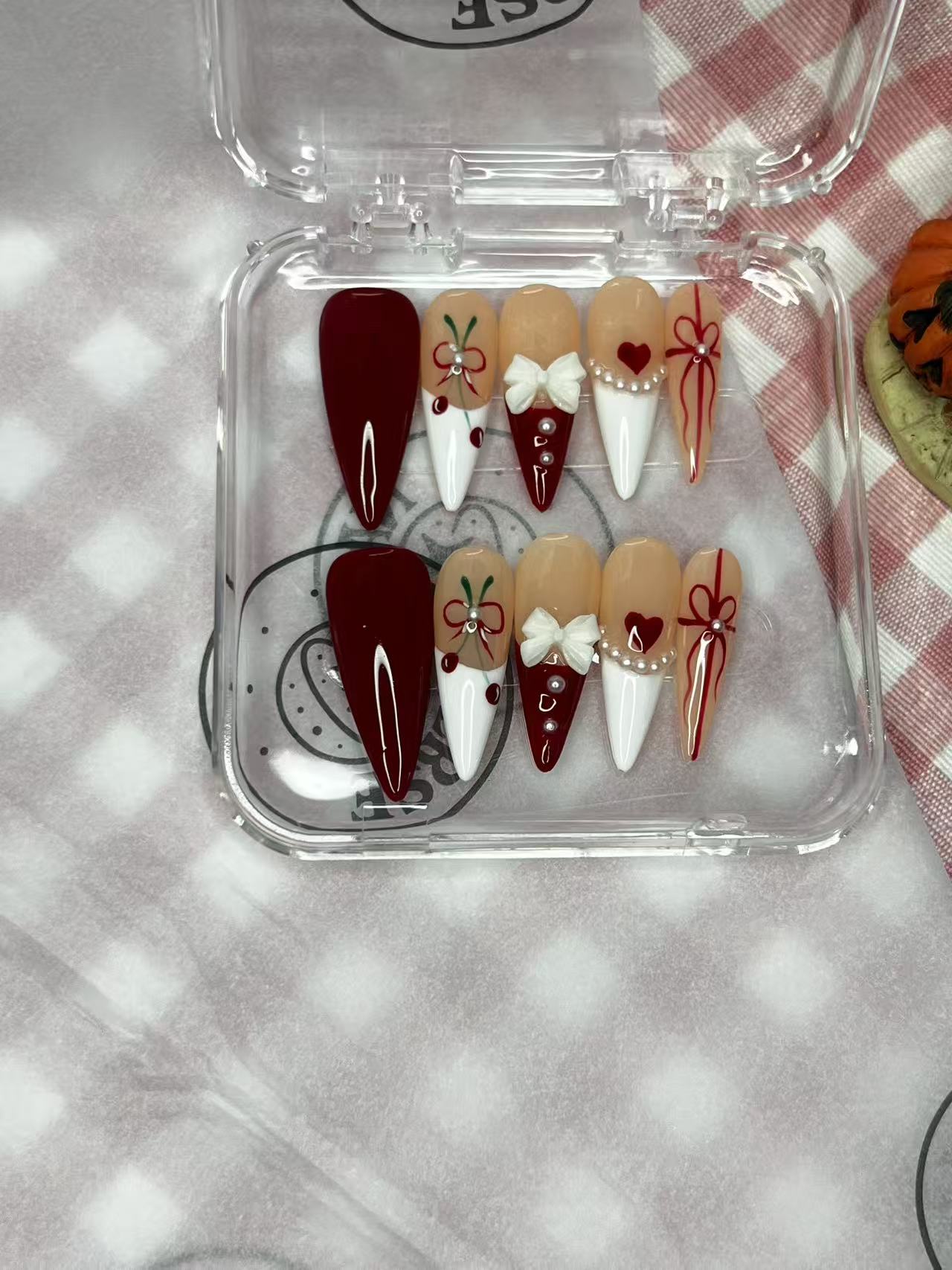 Cherry Ribbon French Press-On Nails | Red & Nude Bow Almond Nails