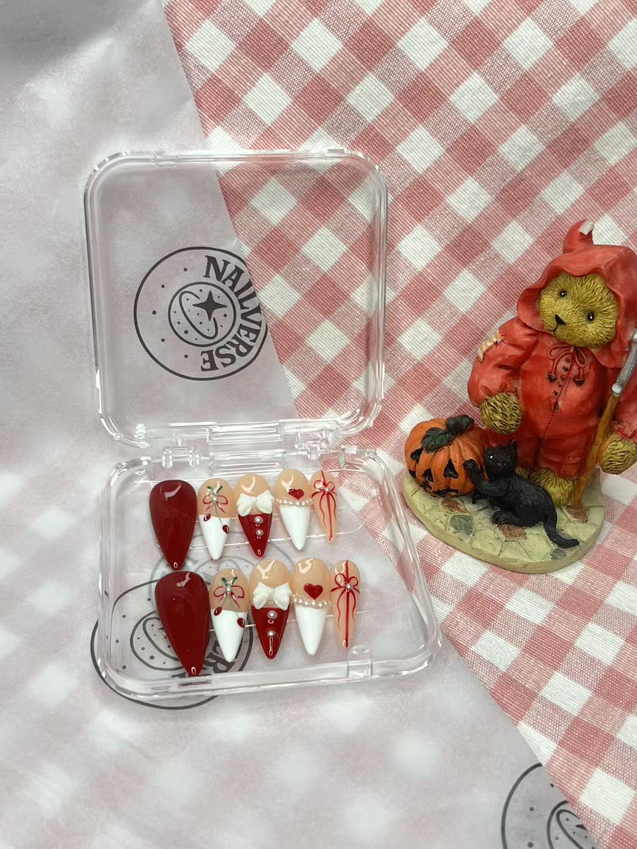 Cherry Ribbon French Press-On Nails | Red & Nude Bow Almond Nails