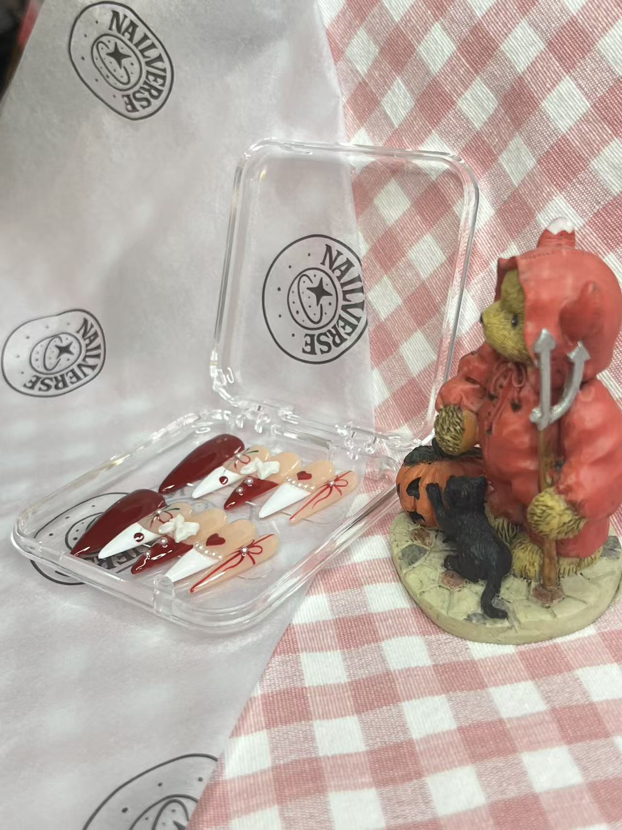 Cherry Ribbon French Press-On Nails | Red & Nude Bow Almond Nails