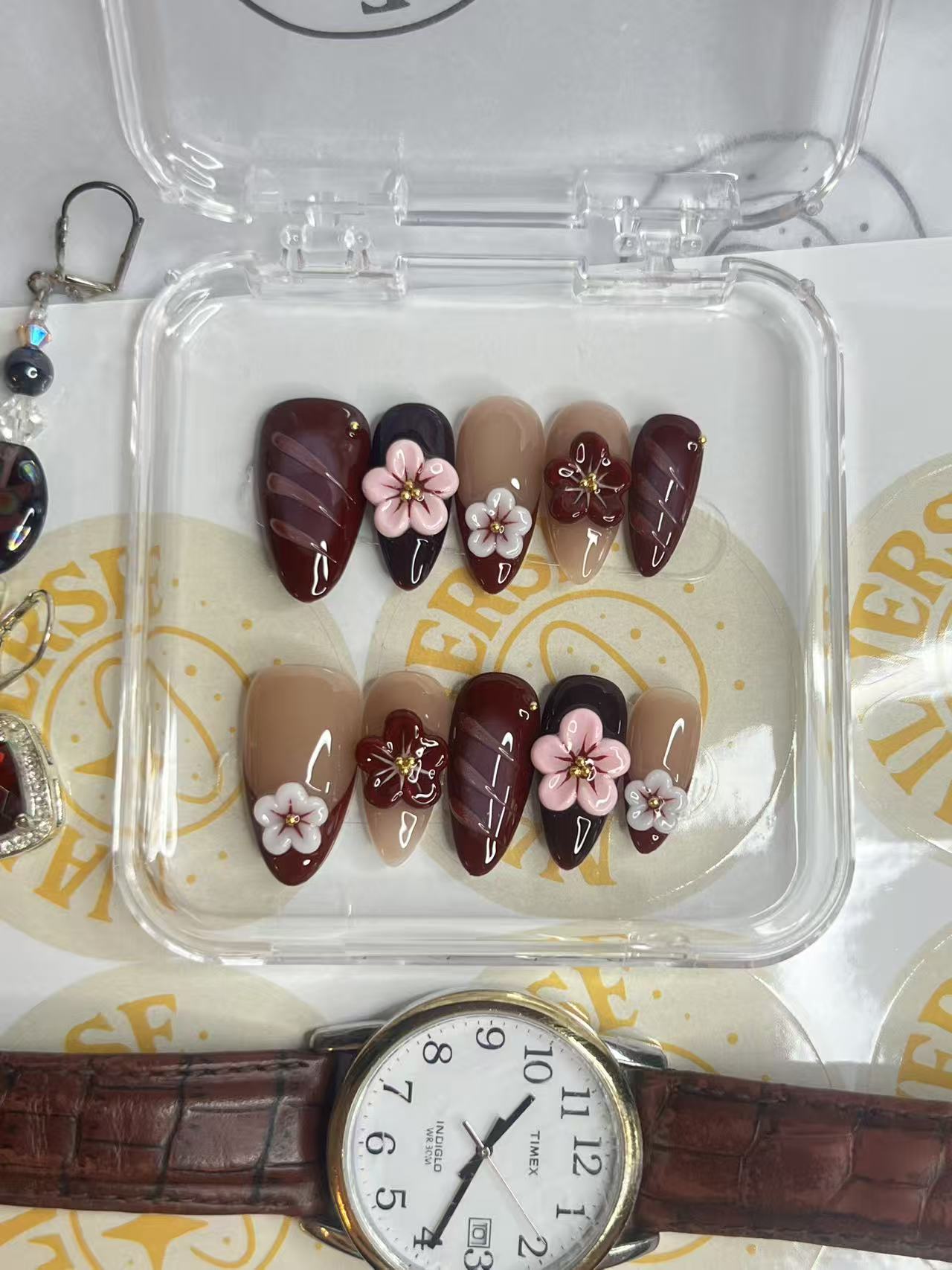 Burgundy Blossom Press-On Nails | Wine Red & Nude 3D Floral Almond Nails
