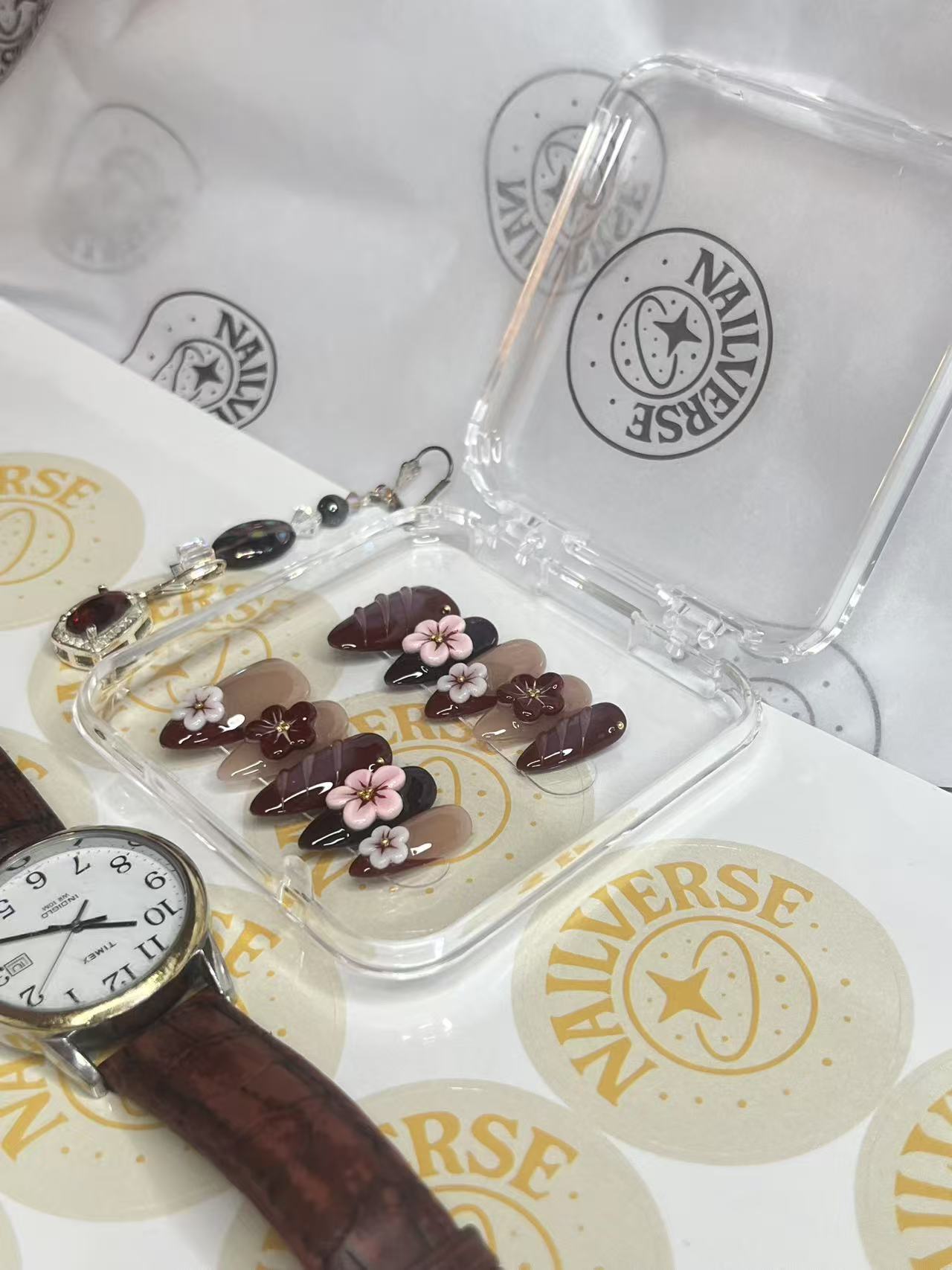 Burgundy Blossom Press-On Nails | Wine Red & Nude 3D Floral Almond Nails