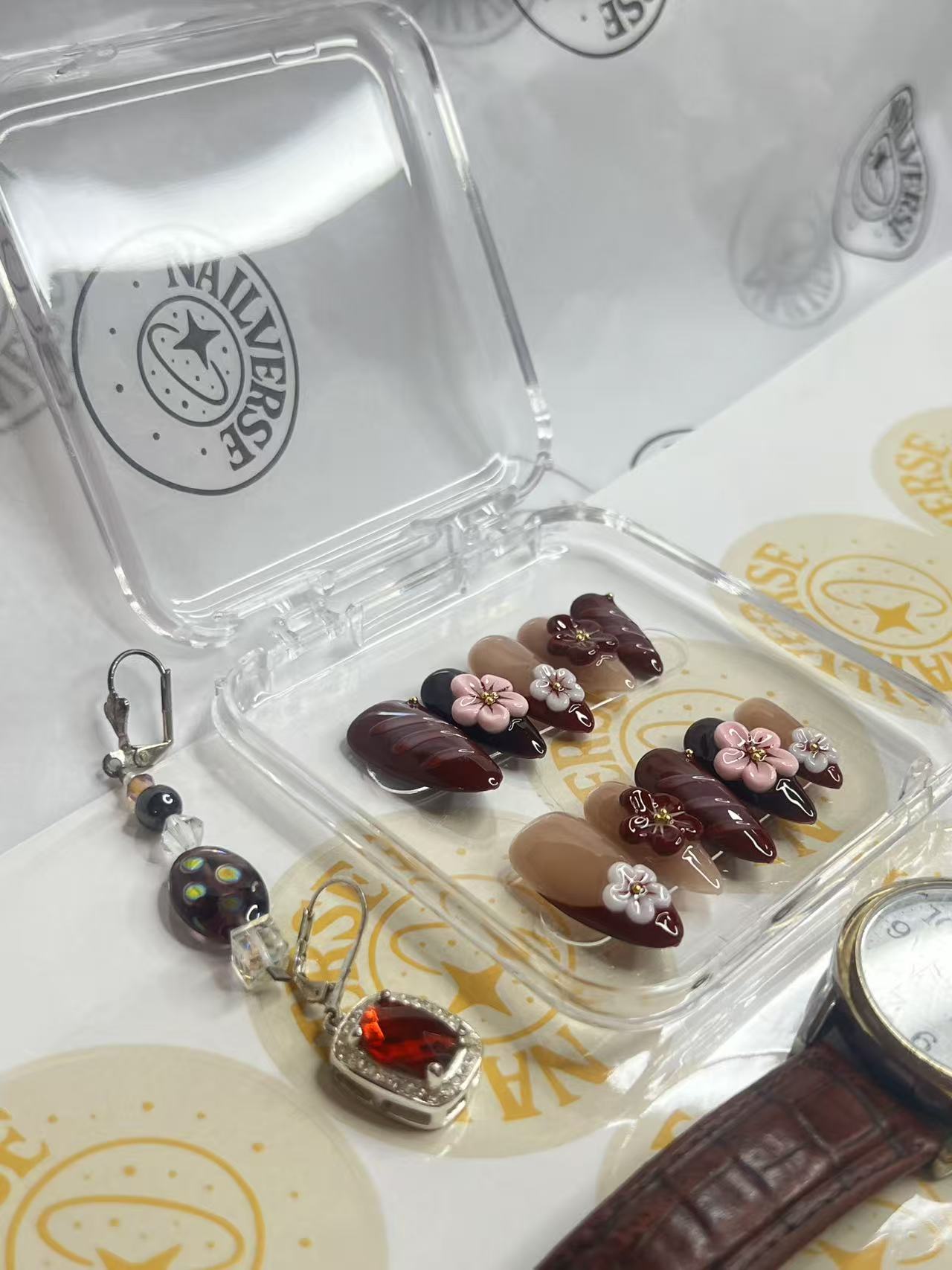 Burgundy Blossom Press-On Nails | Wine Red & Nude 3D Floral Almond Nails