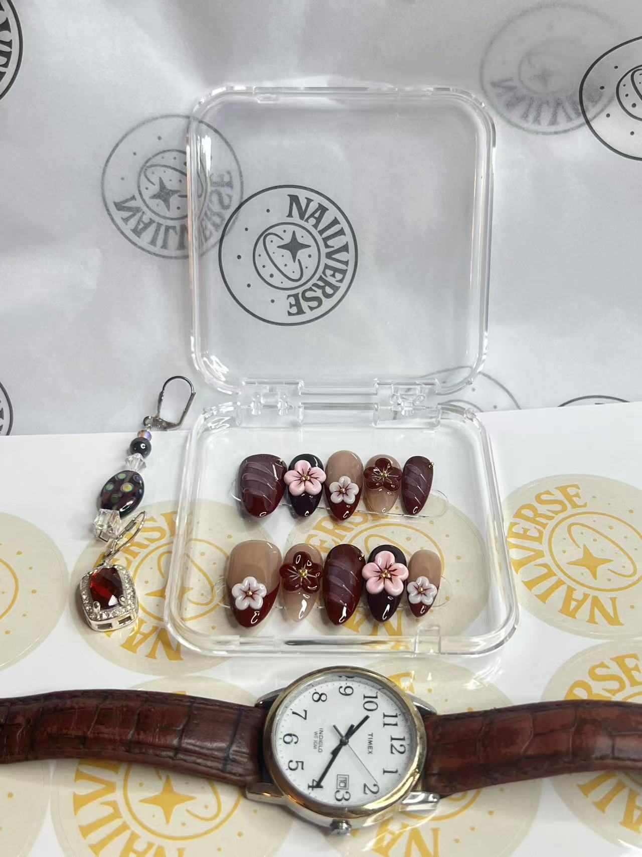 Burgundy Blossom Press-On Nails | Wine Red & Nude 3D Floral Almond Nails