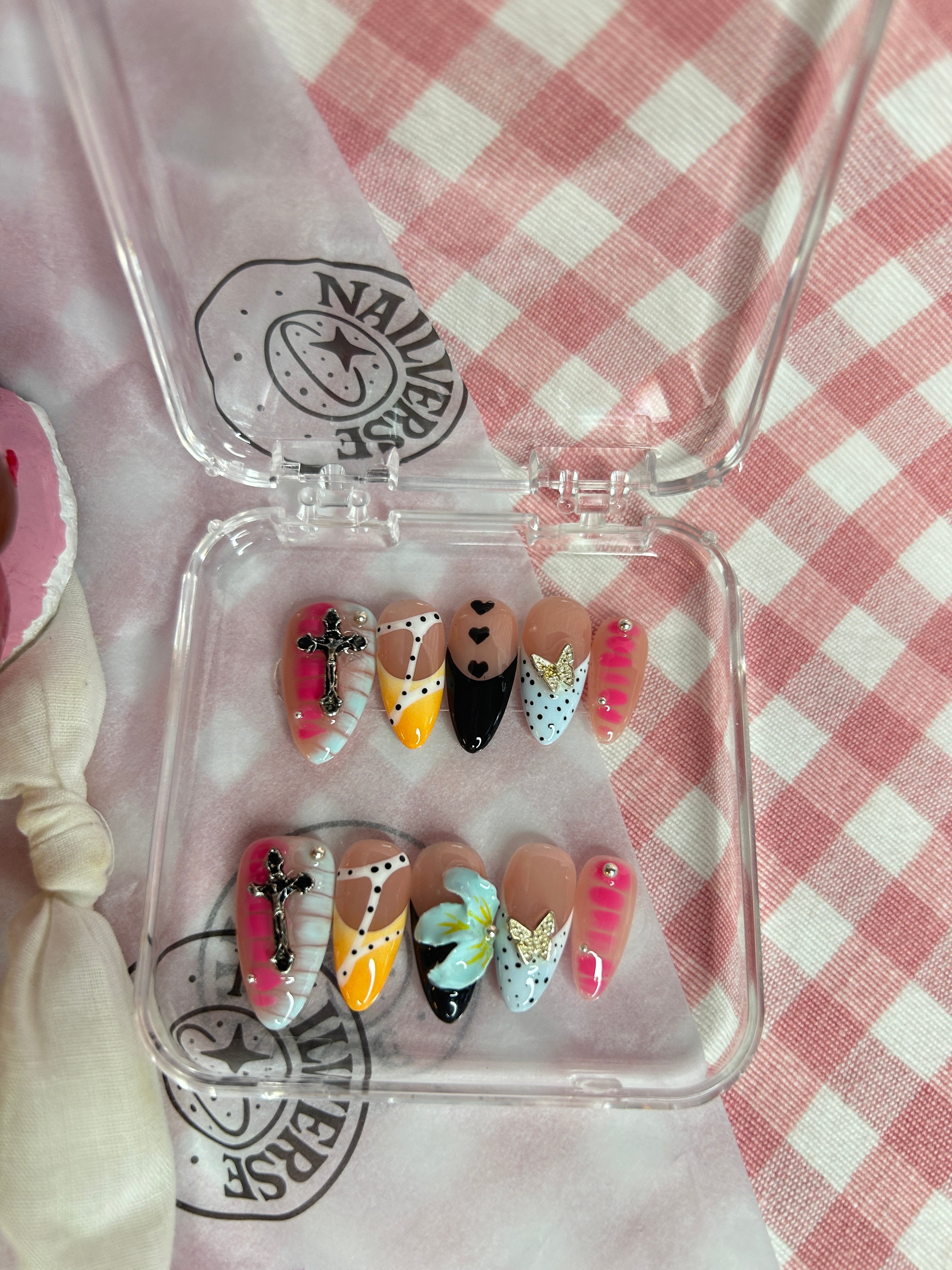 Dark Romance Mix Press-On Nails | Gothic Cross & Heart French Nails