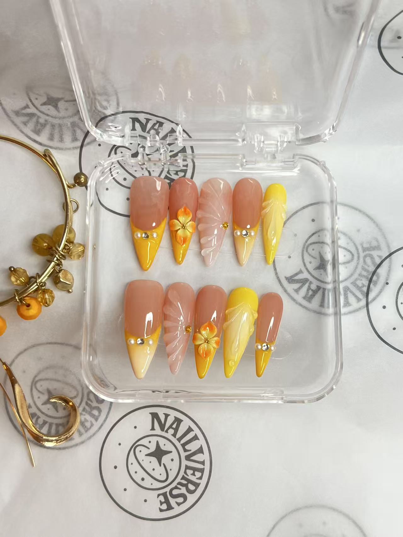 Golden Petal French Press-On Nails | Peach Nude & Yellow Floral Nails