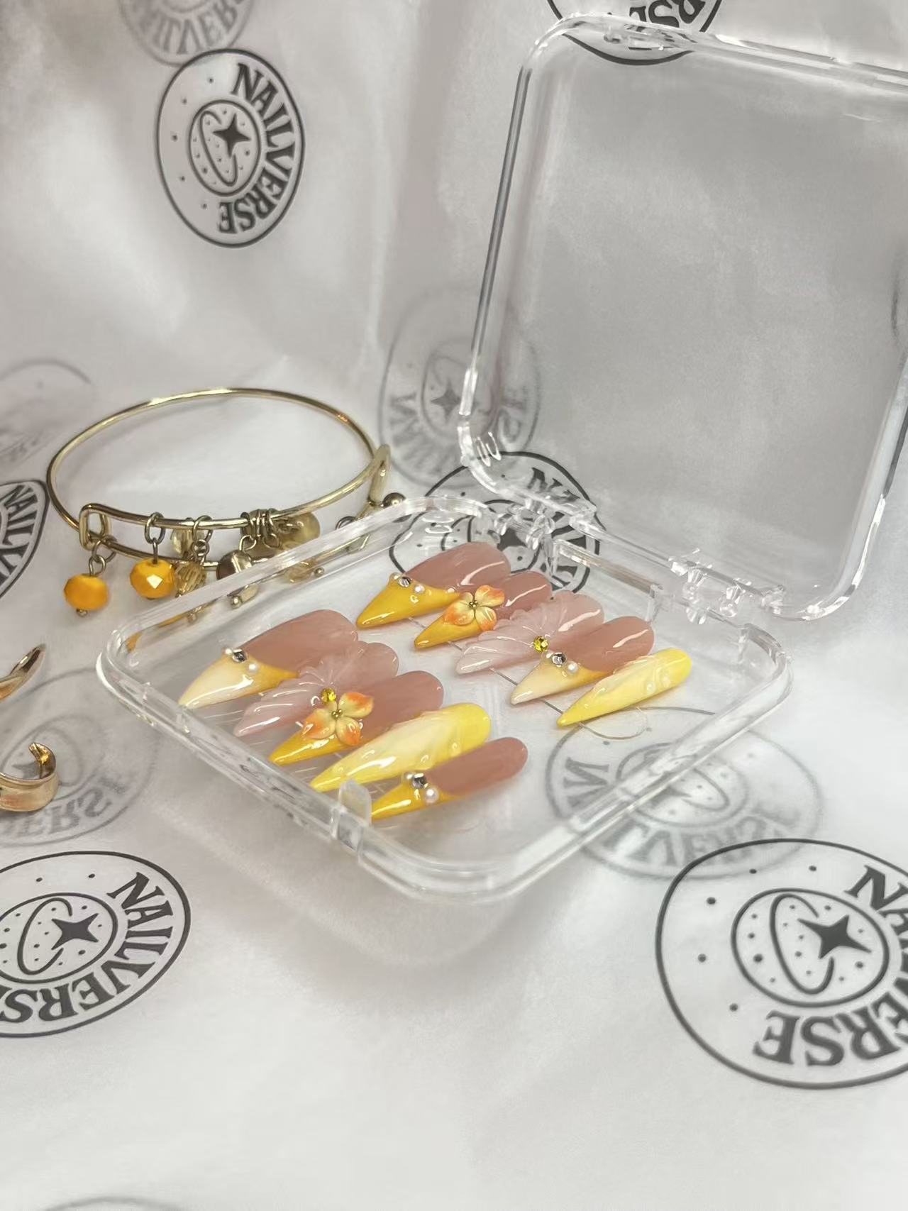 Golden Petal French Press-On Nails | Peach Nude & Yellow Floral Nails