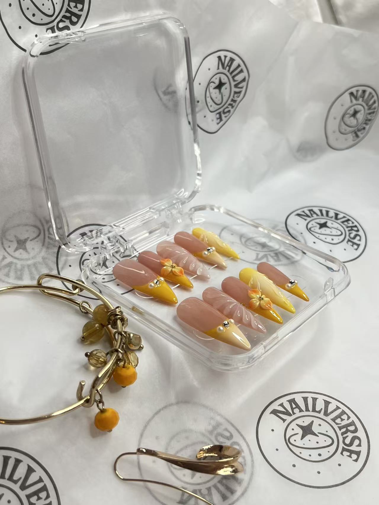 Golden Petal French Press-On Nails | Peach Nude & Yellow Floral Nails