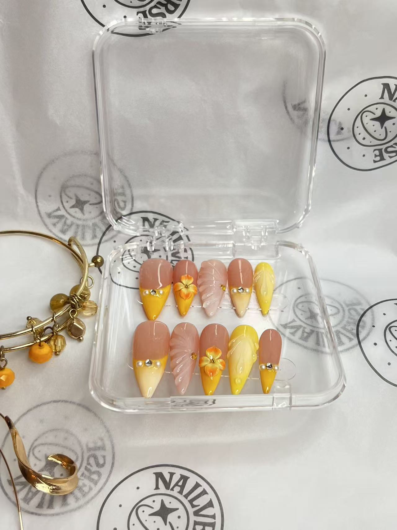 Golden Petal French Press-On Nails | Peach Nude & Yellow Floral Nails