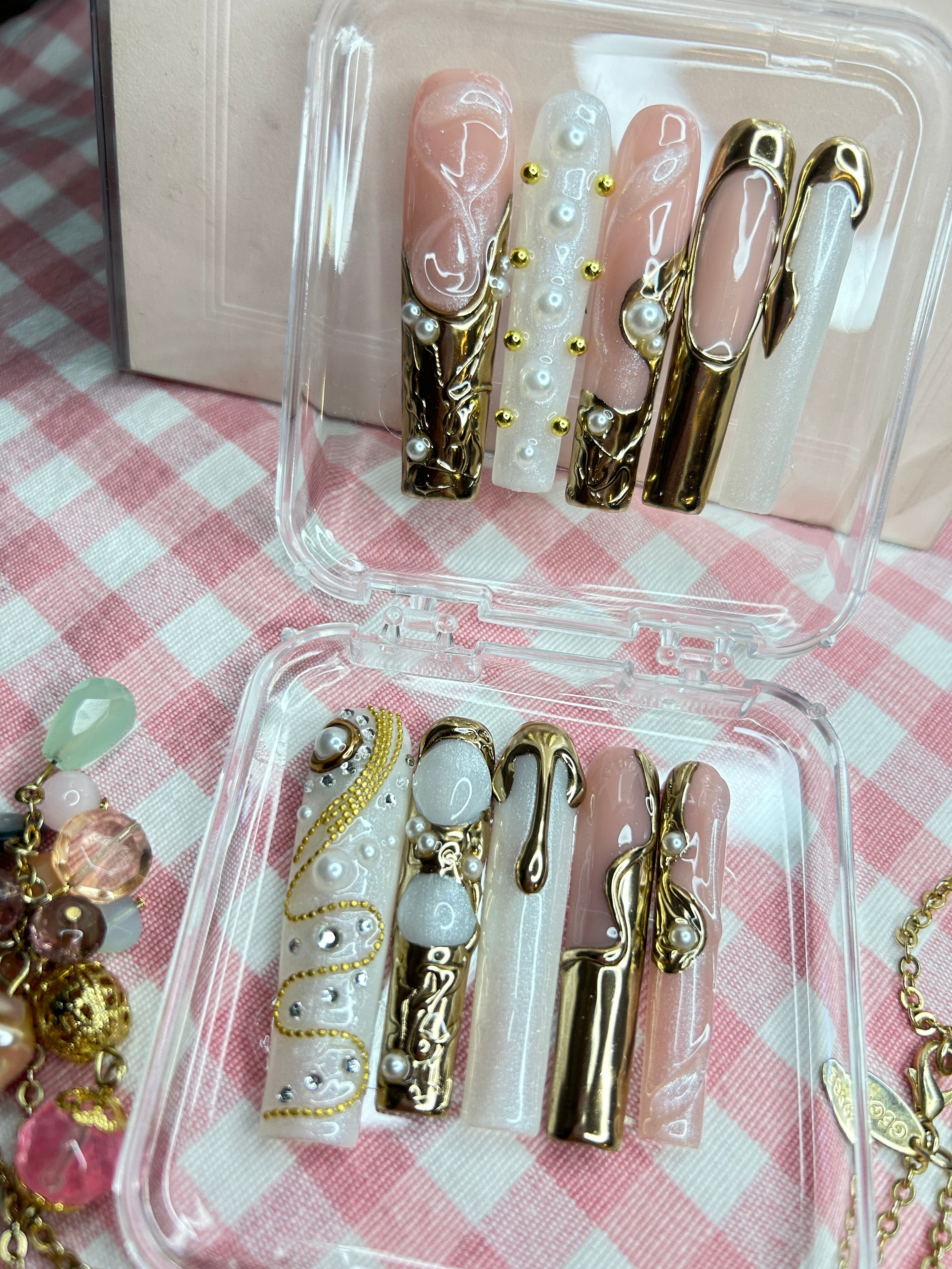 Golden Couture Pearl Press-On Nails | Luxury Sculpted Metallic Nails