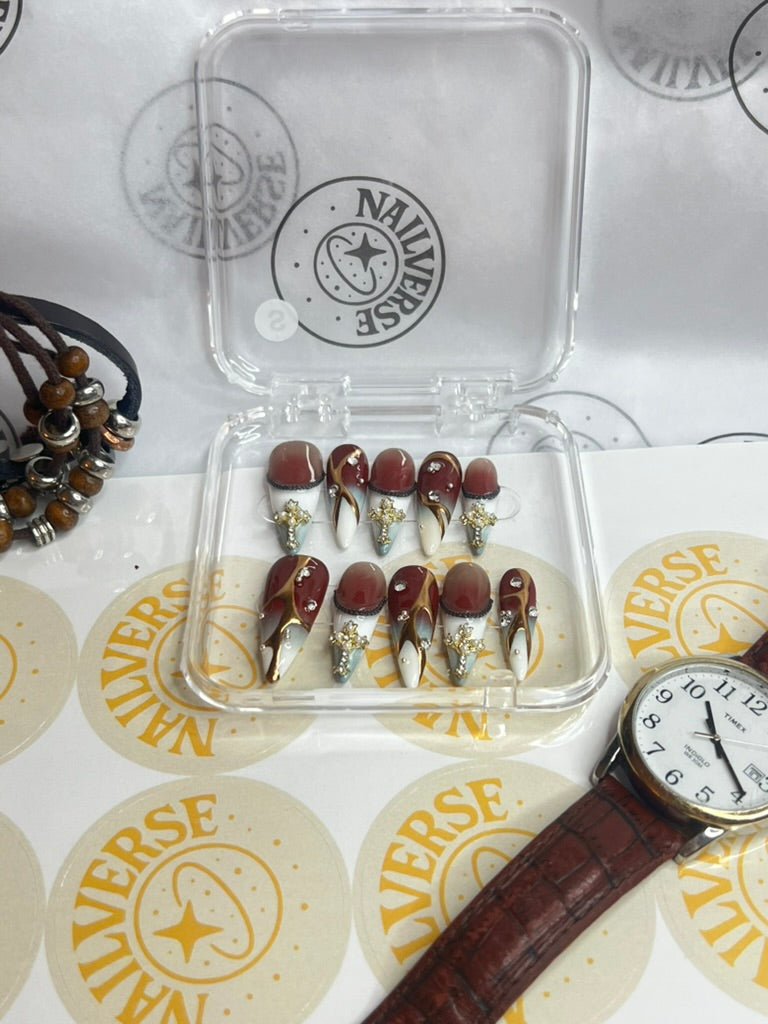 Crimson Gold Luxe Press-On Nails | Gothic Romance Almond Nails