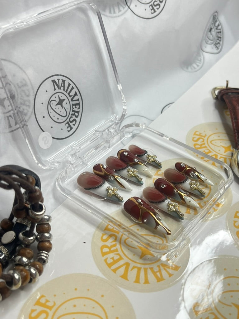 Crimson Gold Luxe Press-On Nails | Gothic Romance Almond Nails