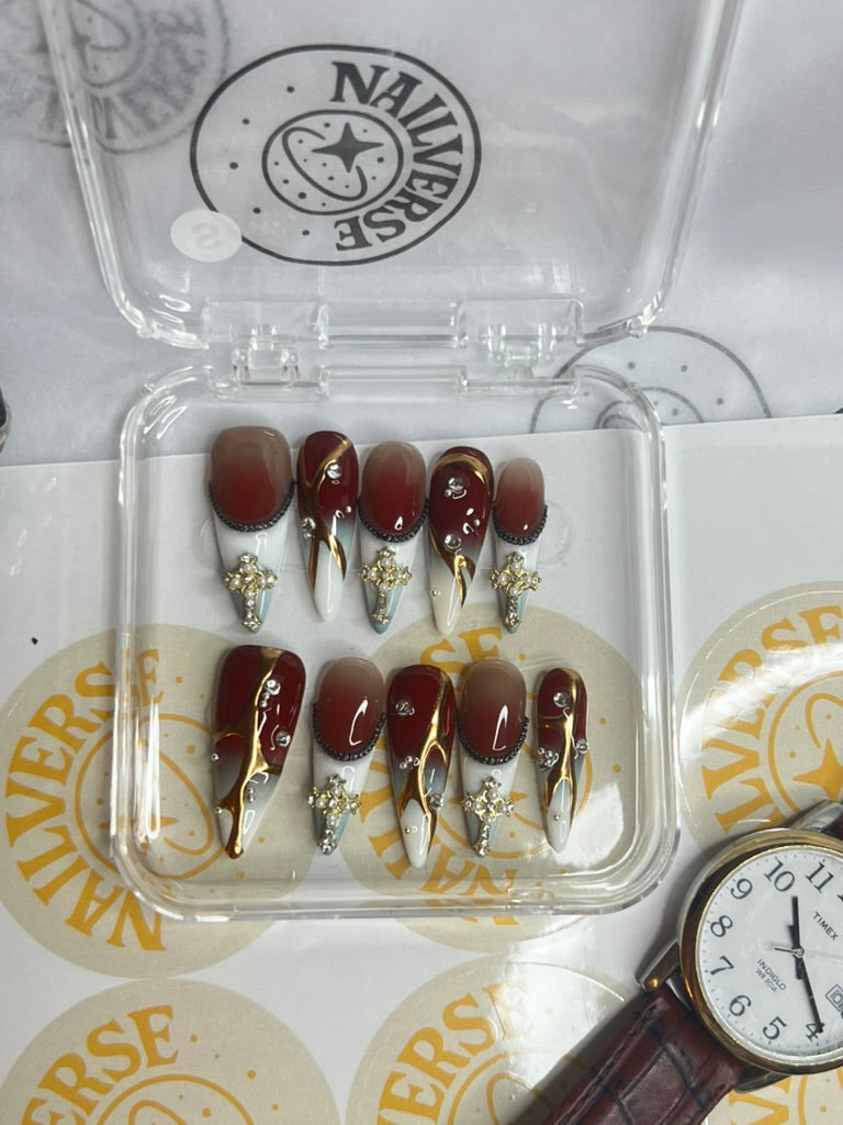 Crimson Gold Luxe Press-On Nails | Gothic Romance Almond Nails