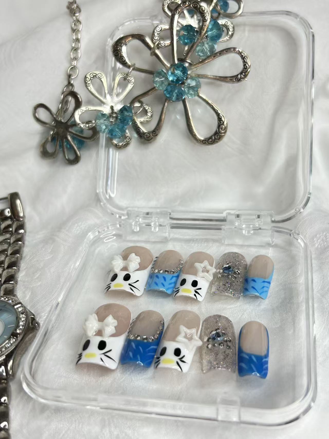 Blue Kitty French Press-On Nails | Cute Cat Short Nails