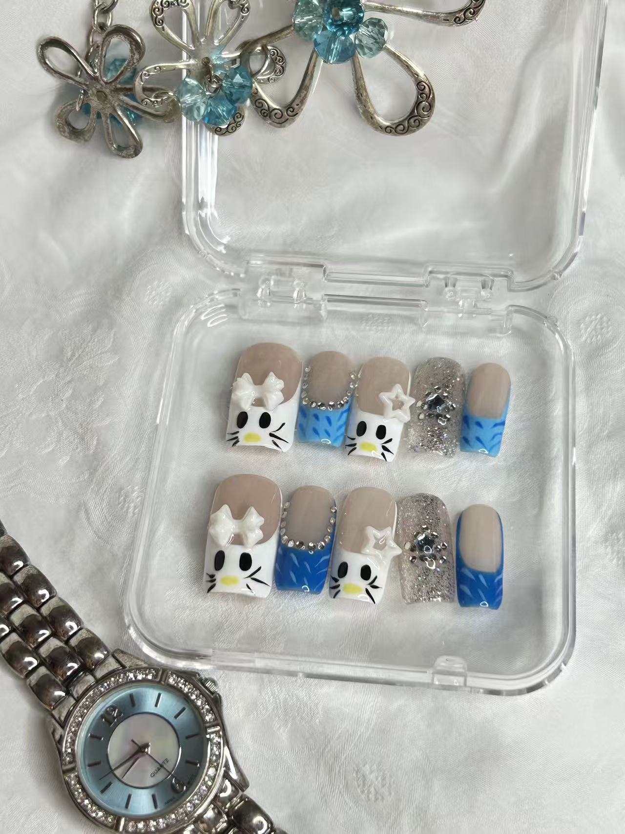 Blue Kitty French Press-On Nails | Cute Cat Short Nails