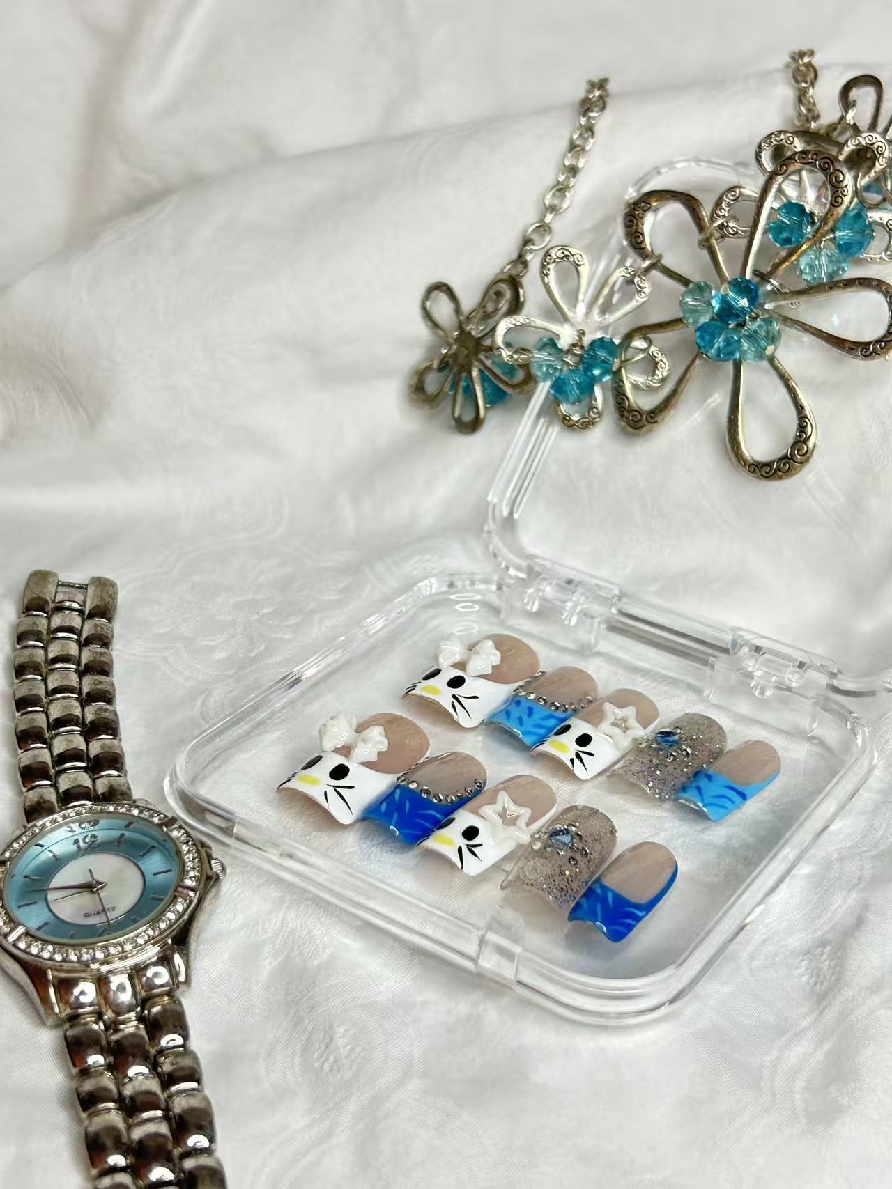 Blue Kitty French Press-On Nails | Cute Cat Short Nails