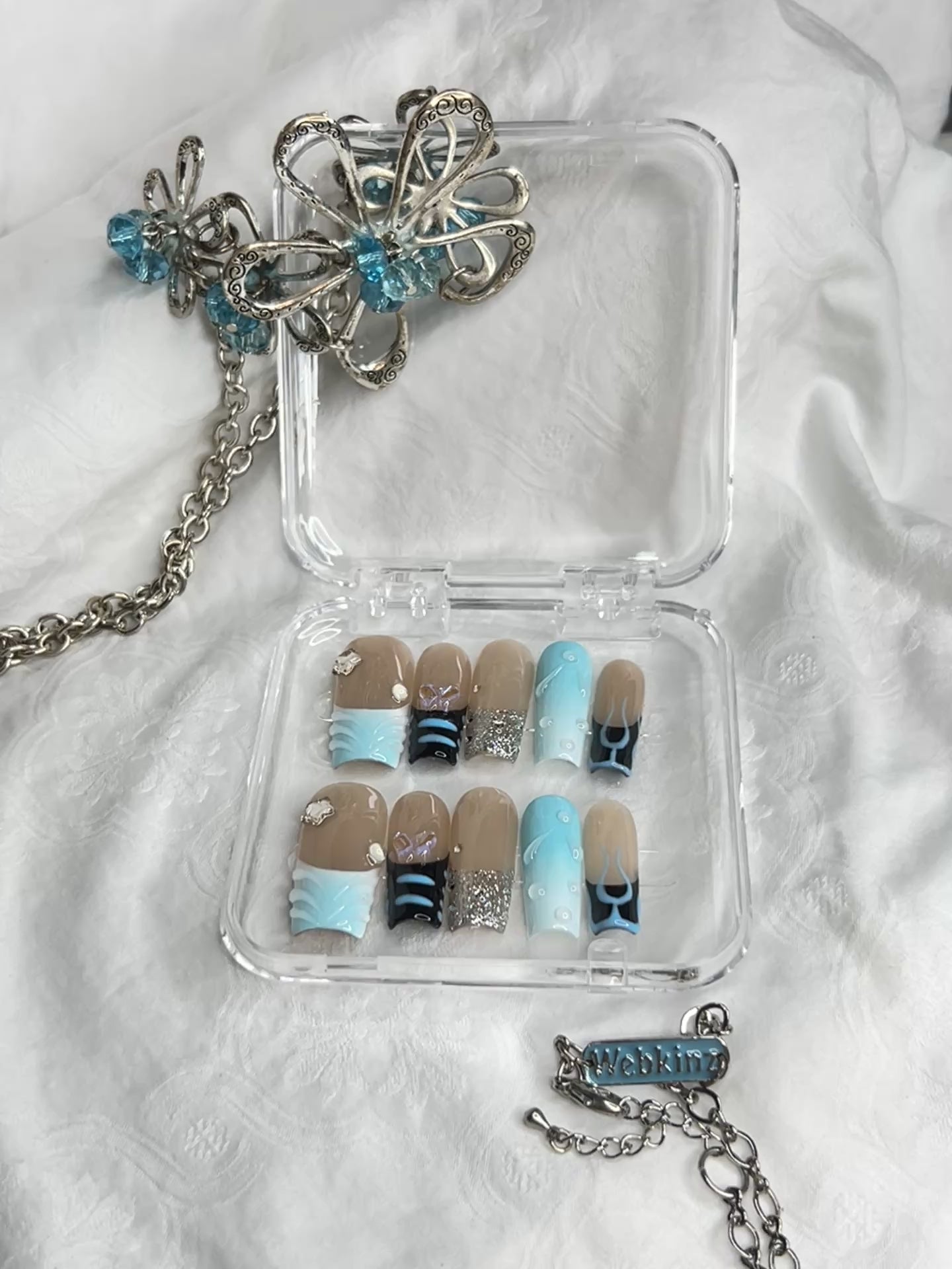 Icy Blue French Press-On Nails | Nude Base with Blue Accent | Handmade Reusable Nail Set